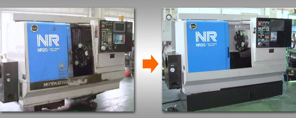 Old CNC machine before and after control system replacement: mechanics kept, electrics reborn